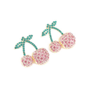 Sparkling crystal cherry drop earrings with pink rhinestones and gold-plated finish