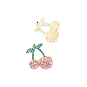 Fashion cherry fruit earrings with pink rhinestones and green leaves on gold plating
