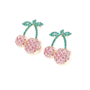 Chic gold alloy cherry earrings with sparkling pink and green rhinestones