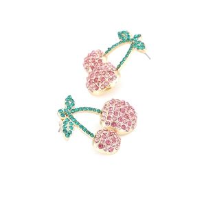 Detail of cherry stud earrings with pink crystals and green rhinestones in gold finish