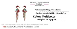 Detail view of flamingo tassel earrings with colorful rhinestones and alloy material dimensions