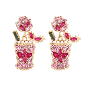 Fashion Creative Milk Tea Cup Dangle Earrings Zinc Alloy Rhinestone Faux Artificial Pearl Jewelry For Women