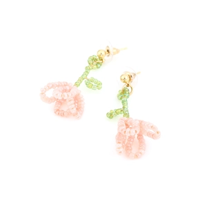 Handmade woven bead flower earrings in pink and green with elegant gold metal hooks