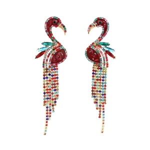 Exaggerated Flamingo Long Tassel Earrings Colorful Rhinestone Alloy Enamel Bird Drop Earrings Bohemian Party Jewelry Women