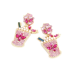Pink rhinestone wine cup earrings with white pearls and gold alloy base on white background
