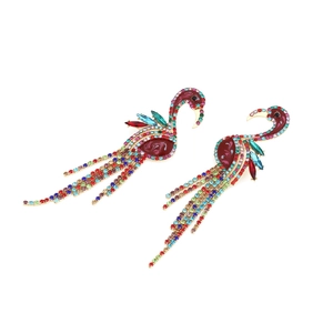 Dramatic flamingo tassel earrings with colorful rhinestones and gold alloy base