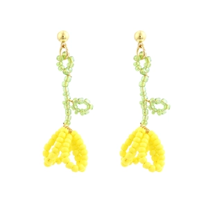 Handmade beaded flower drop earrings with yellow and green tulips and gold studs