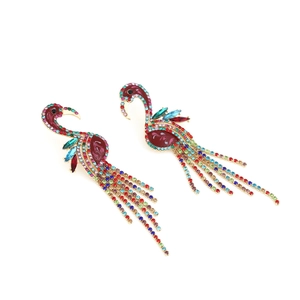 Exaggerated flamingo tassel earrings with multicolored crystals in gold alloy setting