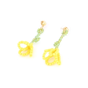 Handmade woven seed bead flower earrings in yellow and green with gold studs