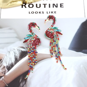 Tropical flamingo drop earrings with colorful rhinestones and long tassel fringe