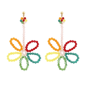 Handmade Woven Flower Drop Earrings Colorful Glass Crystal Beaded Long Tassel Bohemian Jewelry For Women