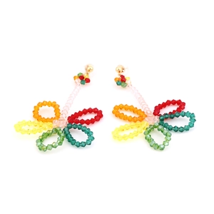 Handmade rainbow beaded flower drop earrings with faceted crystals and golden studs
