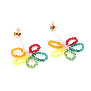 Handmade woven long floral drop earrings with colorful crystal beads for summer vacations