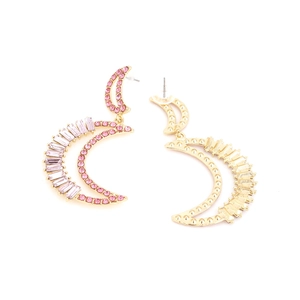 Chic golden crescent moon earrings with pink rhinestones and double-layered crystals