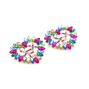 Baroque heart earrings with colorful crystals and gold-tone alloy base on white background