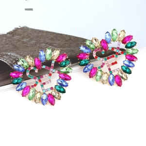 Baroque heart earrings with colorful marquise crystals and letter F in gold finish