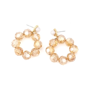 Elegant champagne beaded hoop earrings with pearl stud in vintage geometric design