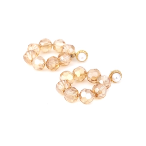 Handmade champagne beaded crystal hoop earrings with white pearls and gold metal accents