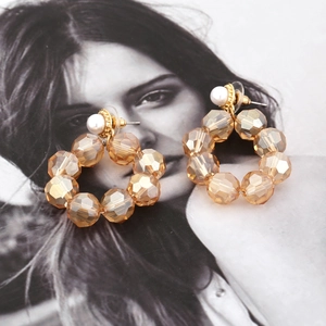 Handmade beaded hoop earrings with amber crystal beads and white pearls for women