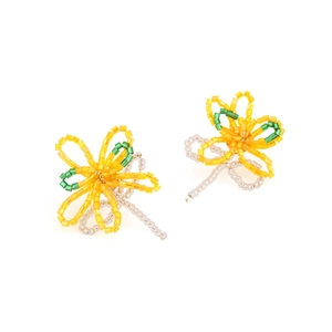 Colorful beaded flower and dragonfly drop earrings in yellow, green and white