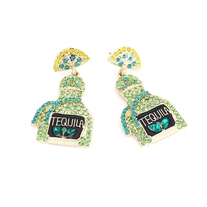 Sparkling Tequila bottle drop earrings with lime slice and colorful rhinestones