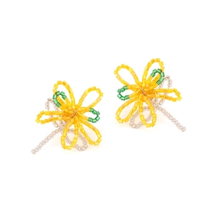 Handmade bohemian beaded flower earrings with yellow and green seed beads on white background