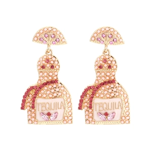 Pink Tequila bottle earrings with sparkling crystals and lemon slice detail for women