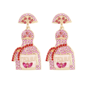 Fashionable Tequila bottle earrings with pink rhinestones and lemon slice accent