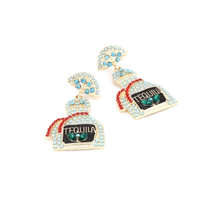 Detail of tequila bottle earrings with colorful beads and crystal leaves on gold base