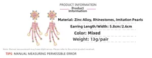 Detailed view of alloy flower earrings with rhinestones, pearls and size dimensions