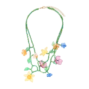 Creative handmade beaded floral necklace with green woven mesh and colorful petals