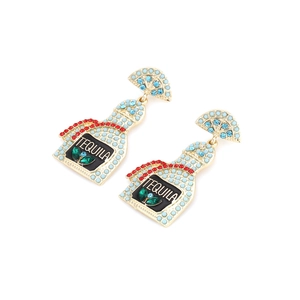 Detail of Tequila bottle earrings with blue beads and lime accent for women