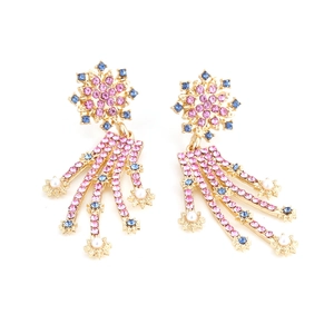 Elegant gold flower tassel earrings with pink and blue rhinestones and pearls