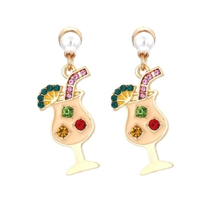 Cocktail Glass Drop Earrings With Multi Color Rhinestones Enamel Alloy Faux Artificial Pearl Creative Summer Party Jewelry For Women