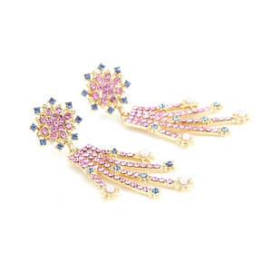 Golden flower drop earrings with pink blue crystals and pearls in a minimalist design