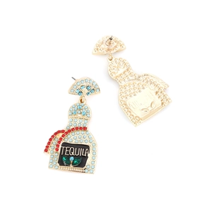 Detail view of Tequila bottle earrings with blue rhinestones and gold alloy finish