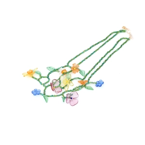 Colorful floral beaded necklace with handmade resin flower petals and gold lobster clasp