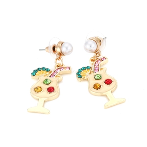 Creative cocktail glass earrings with colorful rhinestones and imitation pearls