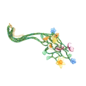 Multilayer handmade beaded floral necklace with colorful charms and adjustable gold clasp