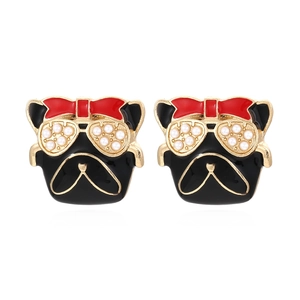 Boucles Oreilles Puce Chien Carlin Mignon Dessin Animé Émail Alliage Avec Nœud Rouge Et Lunettes De Künstliche Perles Bijou