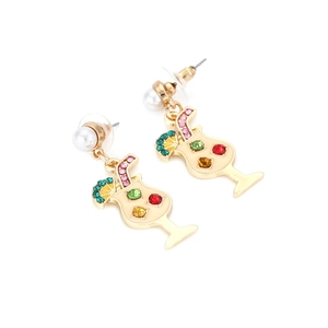 Creative cocktail glass earrings with colorful rhinestones and white pearls on gold alloy