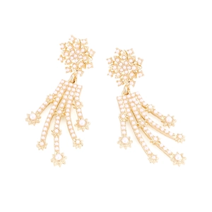 Elegant gold flower earrings with white pearls and snowflake meteor tassel design
