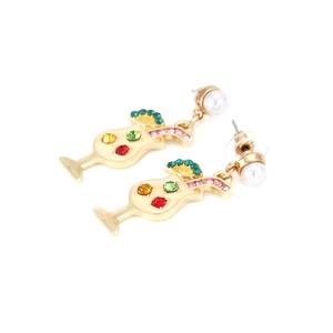 Creative cocktail glass earrings with colorful rhinestones and gold plating