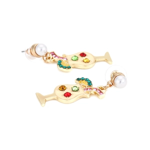 Detail of cocktail glass earrings with colorful rhinestones and faux pearl studs