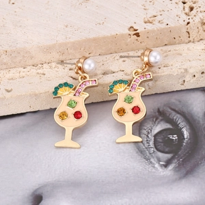 Summer cocktail glass earrings with colorful rhinestones and enamel drop glaze