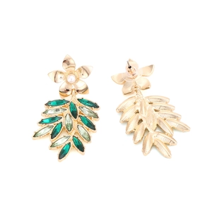 Retro gold leaf drop earrings with green rhinestones and floral design for women