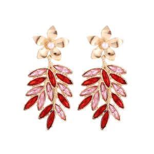 Vintage gold flower and colorful leaf drop earrings with pearls and crystals