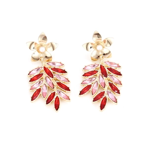 Elegant gold leaf earrings with pink and red crystals and a central white pearl