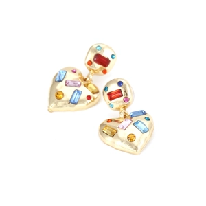 Chic vintage gold heart earrings with colorful rhinestones on a clean white background