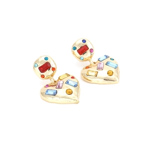 Vintage gold heart earrings with colorful rhinestones in a minimalist design